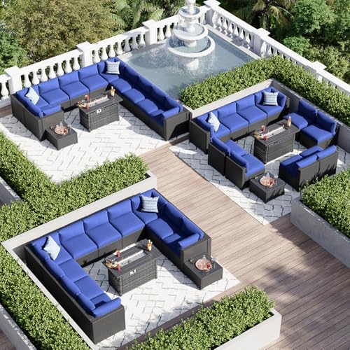 Aoxun 10 Piece Patio Furniture Set Wicker Rattan Patio Sectional Sofa Set Outdoor Seating Furniture with Thickened Cushion, Navy Blue