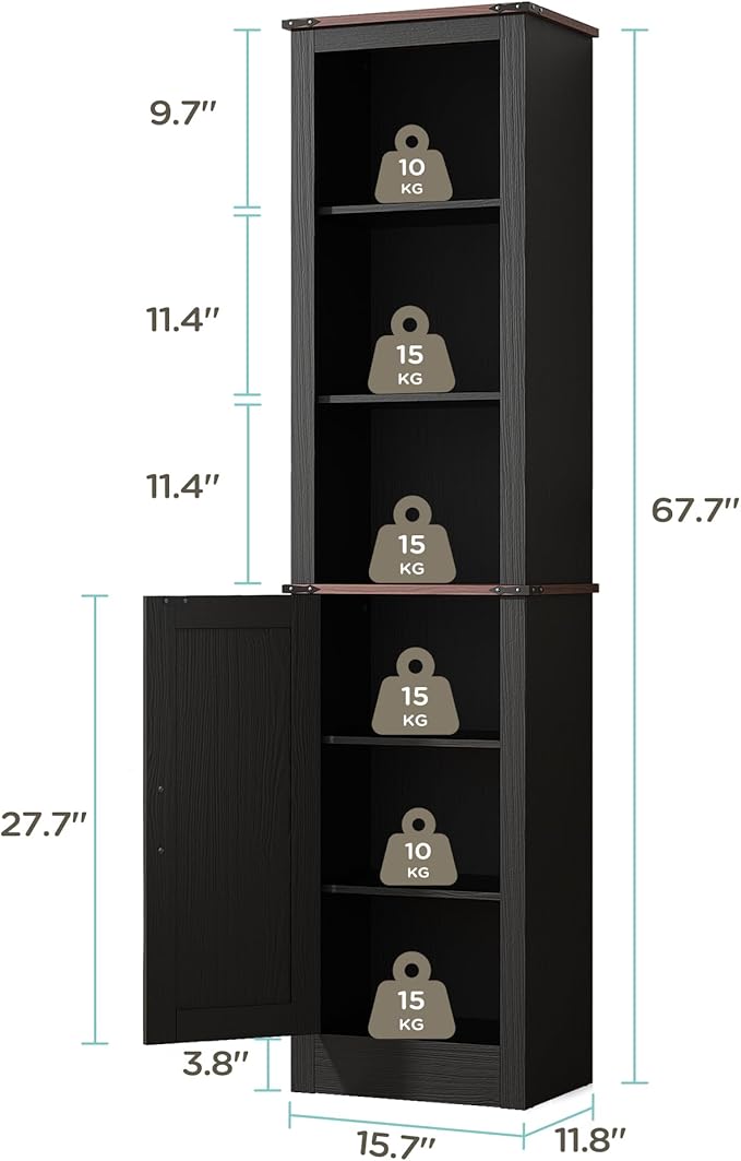 MHOM 71" Tall Bathroom Storage Cabinet. Farmhouse Storage Cabinet with Adjustable Shelves, Narrow Linen Tower Cabinet for Bathroom, Laundry, and, Living Room, Black
