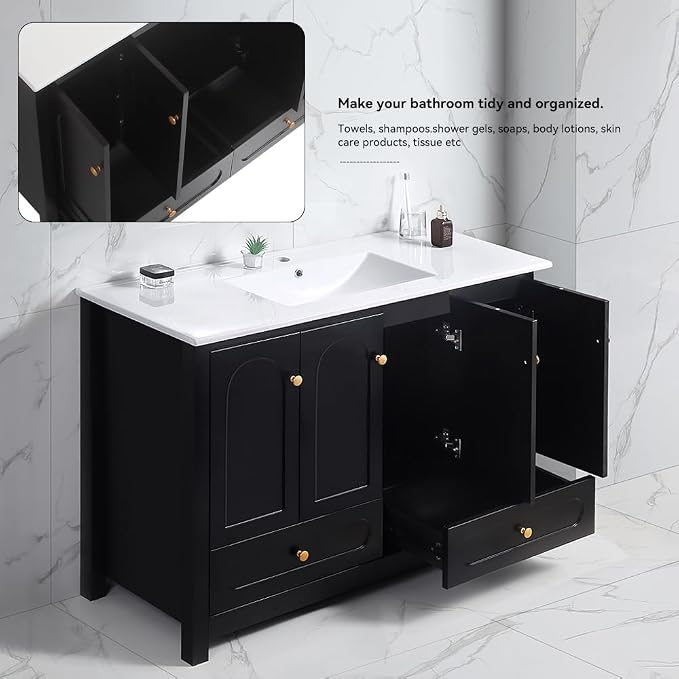 LUMISOL 48" Bathroom Vanity with Sink, Modern Single Bathroom Vanity with 4 Soft-Closing Doors & 2 Drawers, 48" Bathroom Storage Cabinet with Resin Basin, Black