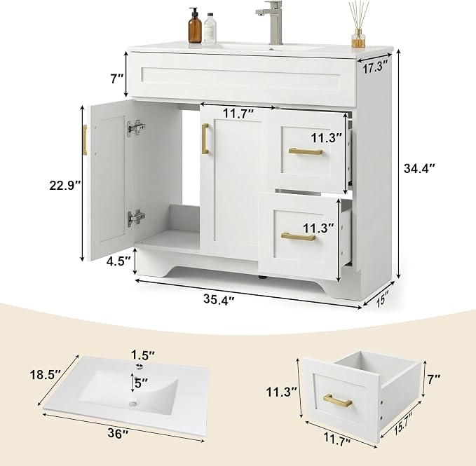 36 Inch Bathroom Vanity with Sink, Modern Wood Shaker Bathroom Vanity Cabinet with 2 Soft-Close Doors & 2 Drawers, Freestanding Bathroom Sink Storage Cabinet, Waterproof Painted Surface, White