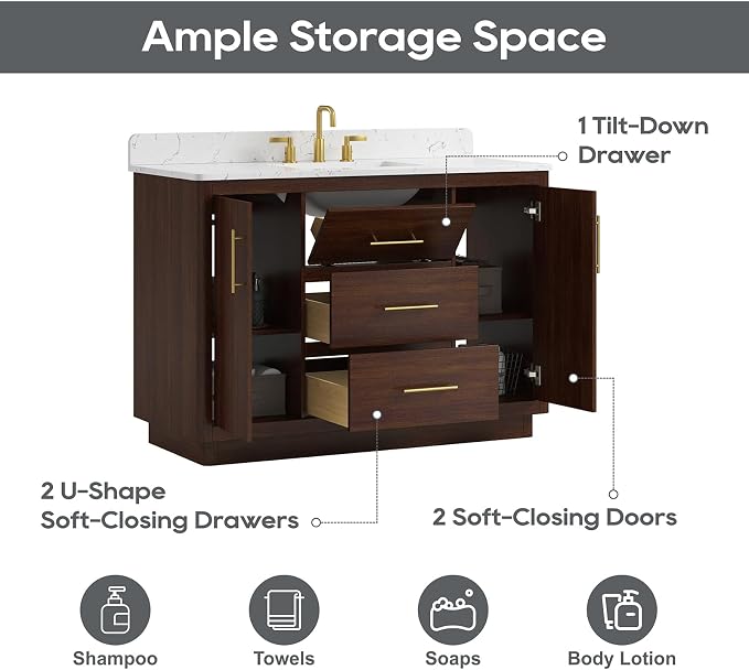 48 Inch Bathroom Vanity with Sink, Fully-Assembled, Warm Elm | Solid Wood Frame, Carrara Engineered Stone Top and Backsplash, Ceramic Sink, Soft-Close Doors and 3 Full-Extension Drawers