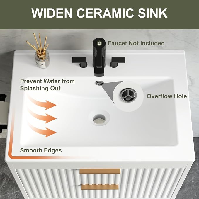 30 Inch Floating Bathroom Vanity with Sink & Towel Holder, Fluted Wall Mounted Vanity Cabinet, Modern Bathroom Combo with LED Light, Metal Handle & Double Soft-Closing Drawers, White