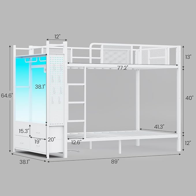 Itaar Metal Bunk Bed Twin Over Twin with Hall Tree, Power Outlet, LED Bunk Bed with 4 Storage Drawers, Bed with 13‘’ Safety Guardrail & Ladders for Kids and Teen, 400lb Weight Capacity, White