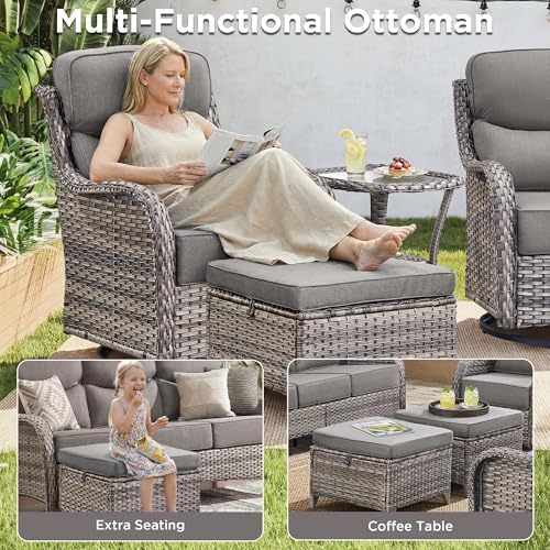 Luxury 5 Pieces Outdoor Patio Furniture Set-High Back Swivel Rocker Patio Chairs with Sofa and Ottomans, 6-inch Extra Thick Cushions Wicker Outdoor Conversation Set for Garden Porch(Grey/Grey)