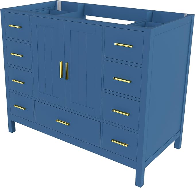 Montary 42" Modern Bathroom Vanity Base Cabinet, Solid Wood Construction | Soft-Close Double Doors & 9 Full-Extension Drawers(Basin & Top Not Included),Blue