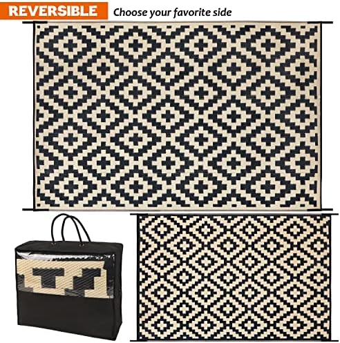 SAND MINE Reversible Mats, Plastic Straw Rug, Modern Area Rug, Large Floor Mat and Rug for Outdoors, RV, Patio, Backyard, Deck, Picnic, Beach, Trailer, Camping, Black & Beige, 6' x 9'