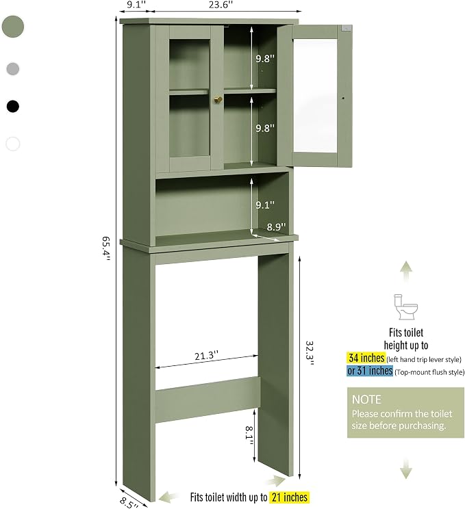 Over the Toilet Storage Cabinet for Bathroom, Storage Organizer Over Toilet, Space Saver with Tempered Glass Doors, Green