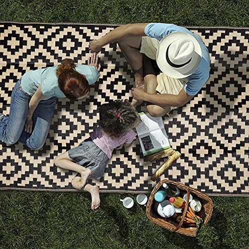 SAND MINE Waterproof Outdoor Rug 5x8 ft, Plastic Reversible Rug, Modern Area Rug, Large Floor Mat for Outdoors, RV, Patio, Backyard, Deck, Picnic, Beach, Camping, Black & Beige
