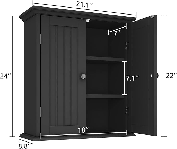 ChooChoo Bathroom Wall Cabinet with 2 Doors, Over The Toilet | 8.8"D x 21.1"W x 24"H, Medicine Cabinet, Adjustable Shelves, Cupboard, Black