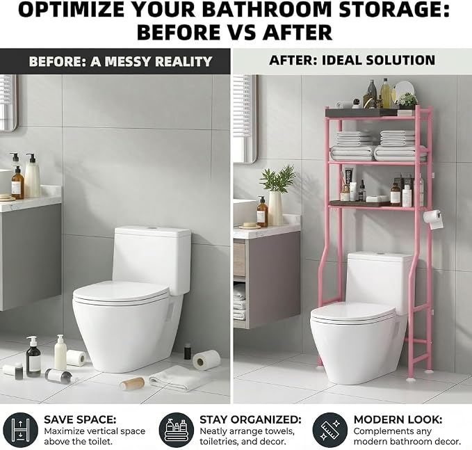 GloTika 3-Tier Over Toilet Storage, Anti-Tilt, 64" H, Pink | Anti-Tilt Safety System, 150lb Capacity, Carbon Steel, Freestanding, No Drilling, Anti-Rust Coating, Paper Holder & 4 Hooks