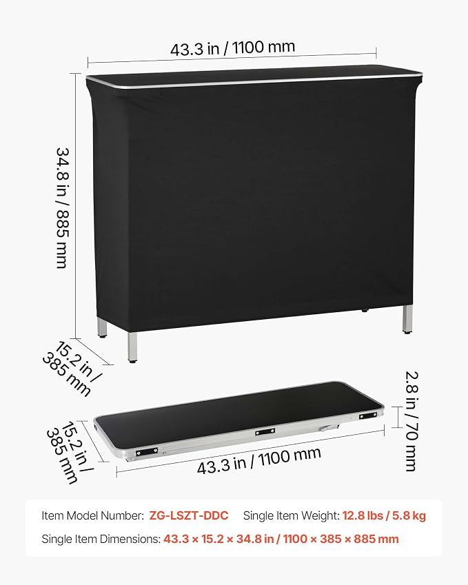VEVOR Folding Portable Bar Table, 43.3 x 15.4 x 34.6 in, with Carry Bag, Storage Shelf, and Detachable Skirt, Quick and Easy Setup, Foldable Mobile Bartending Station for Events, Party, Tradeshow