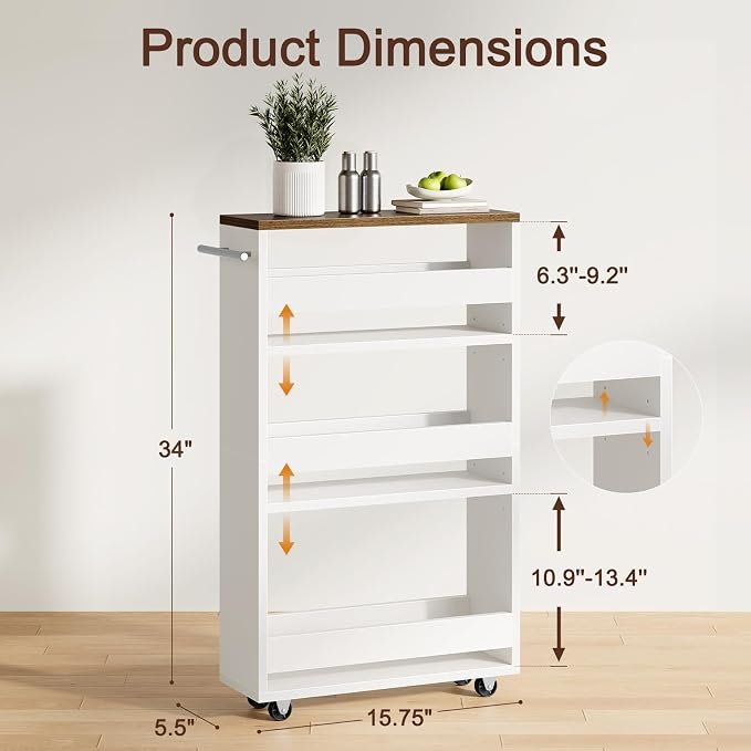 Yoobure Rolling Slim Storage Cart - Narrow Cart on Wheels, Slide Out Utility Carts with Adjustable Shelves, Organizer Trolley with Handle & Flip Top for Kitchen, Laundry