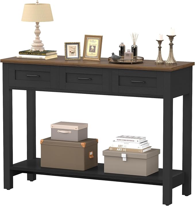 YOSHOOT 45" Farmhouse Entryway Console Table, Desk Behind the Couch with 3 Drawers and 2-Tier Shelves, Narrow Sofa Table for Hallway, Bedroom, Living Room, Black Brown