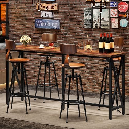 CHOEZON 63'' Bar Table, Kitchen Dining Table with Power Outlet and Footrest, Industrial Style, for Pub, Living Room, Rustic Brown and Black TBT07UBF
