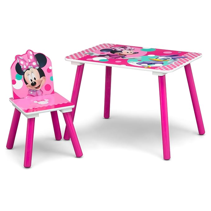 Delta Children Disney Minnie Mouse 4-Piece Toddler Room-in-a-Box Set – Includes Sleep and Play Toddler Bed, Table, 1 Chair and Toy Box, Pink