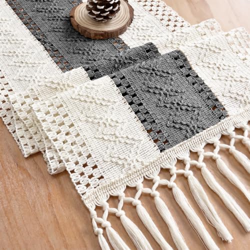 FEXIA Boho Table Runner with Tassels for Home Decor 12x72 Inches Grey