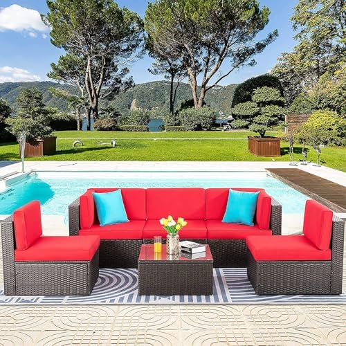 Vongrasig 6 Piece Patio Furniture Set, Small Outdoor Sectional Couch, Red