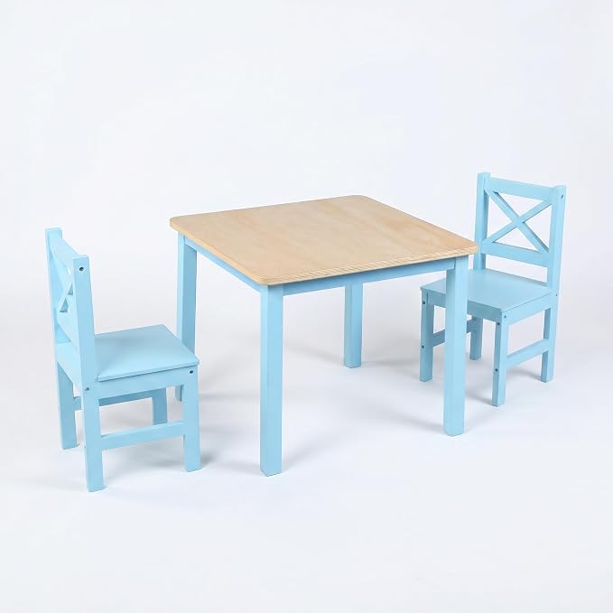 PETIT BATEAU Solid Wood Kids Table & 2 Chairs Set,Ages 2-8,Bluecolor