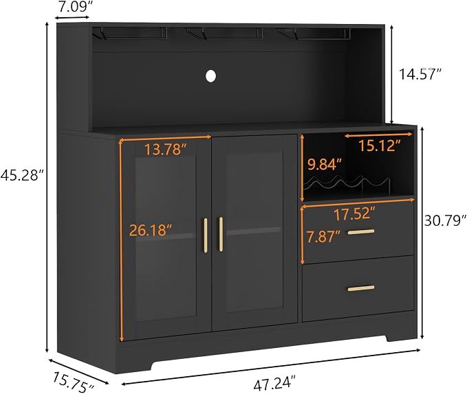Bar Cabinet for Home with LED Light,Coffee Bar Cabinet w/ Wine & Glass Rack