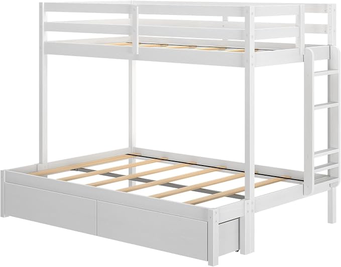 Grain & Grove Bear Twin Over Full Bunk Bed with Trundle Bed, Sturdy Bunk Bed Frame for Kids, Plywood Bunk with Ladder, Guardrail, and Slats, No Box Spring Required, Brushed White
