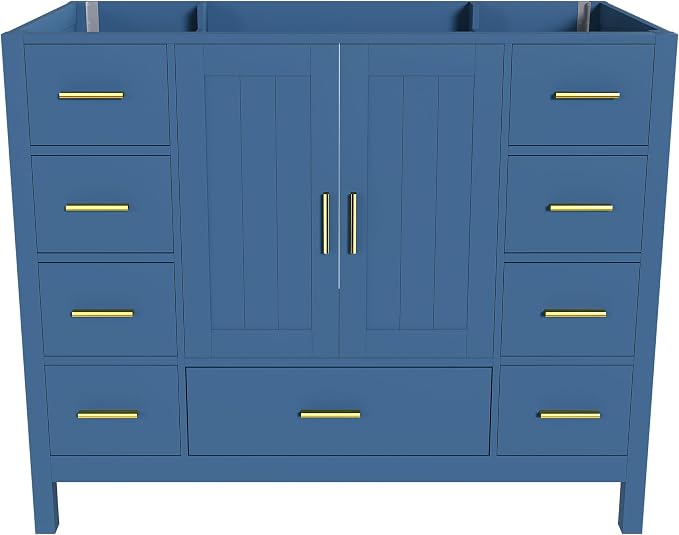 Montary 42" Modern Bathroom Vanity Base Cabinet, Solid Wood Construction | Soft-Close Double Doors & 9 Full-Extension Drawers(Basin & Top Not Included),Blue