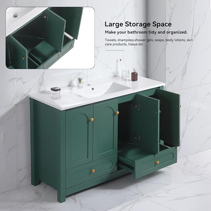 LUMISOL 48" Bathroom Vanity with Sink, Modern Single Sink Bathroom Vanity with 4 Doors & 2 Drawers, Freestanding Bathroom Storage Cabinet with Ceramic Basin, Solid Wood Frame, Green