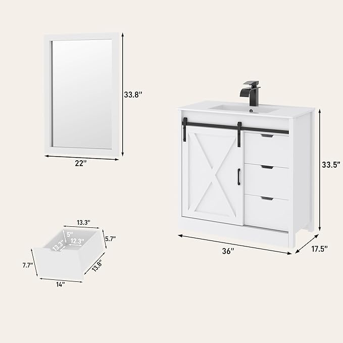 chartustriable 36 Inch Bathroom Vanity with Sink & Faucet & Mirror, Farmhouse Bathroom Vanity Cabinet Set with Sliding Barn Door & Drawers, Small Single Bath Storage Vanity Sink, White