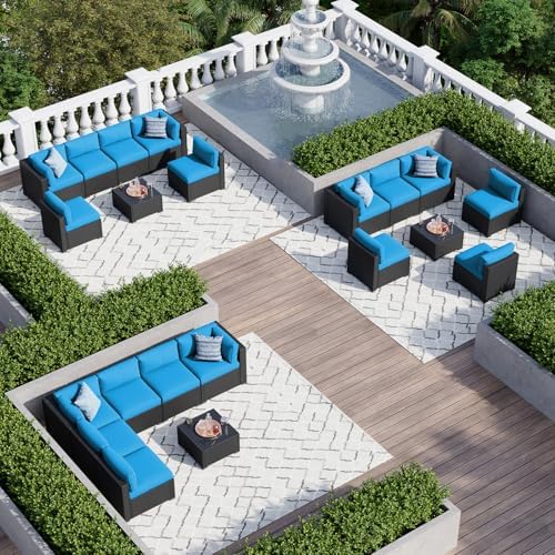 Aoxun 7 Piece Patio Furniture Set, Wicker Rattan Patio Sectional Sofa, Outdoor Furniture Set with Thickened Cushion, Peacock Blue
