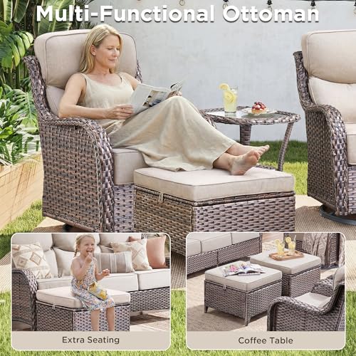 Luxury 10 Pieces Patio Furniture Set, Wicker Swivel Rocker Patio Chairs with 6" Thick Cushion, Outdoor Wicker Sofa with Coffee Table, All Weather Outdoor Conversation for Garden Porch(Brown/Beige)