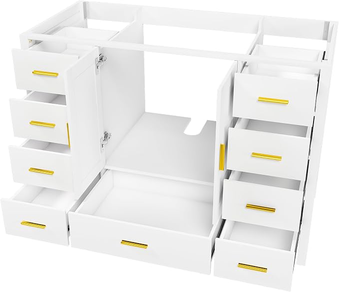 Montary 48" Modern Bathroom Vanity Base Cabinet, Solid Wood Construction | Soft-Close Double Doors & 9 Full-Extension Drawers(Basin & Top Not Included),White
