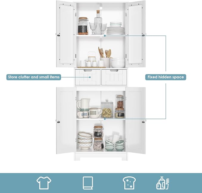 HORSTORS 67" H Bathroom Storage Cabinet, White Linen Cabinet with Drawers | Freestanding Bathroom Cabinet with Glass Door & Shelf, Modern Tall Storage Cabinet for Bathroom, Living Dining Room, Kitchen