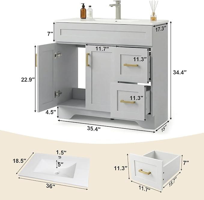 36 Inch Bathroom Vanity with Sink, Modern Wood Shaker Bathroom Vanity Cabinet with 2 Soft-Close Doors & 2 Drawers, Freestanding Bathroom Sink Storage Cabinet, Waterproof Painted Surface, Grey