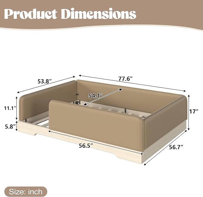 Bellemave Full Upholstered Montessori Floor Bed Frame with Guardrails,Brown