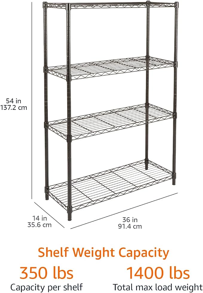 Amazon Basics 4-Shelf Adjustable Heavy Duty Steel Wire Rack Storage Shelving, Sturdy Garage Shelving, 350 lbs Capacity Per Shelf, Easy No-Tool Assembly, 36" x 14" x 54", Black