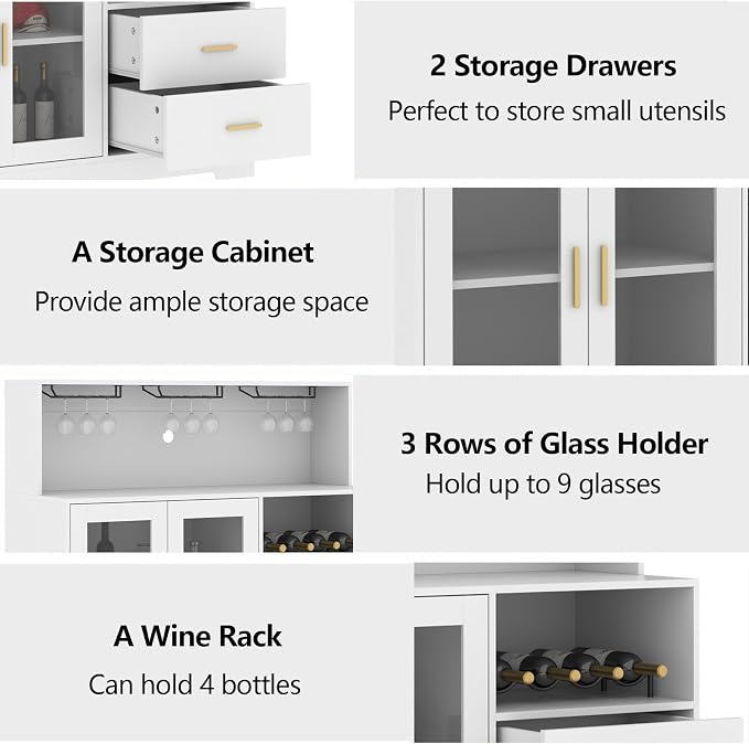 Bar Cabinet for Home with LED Light,Coffee Bar Cabinet w/ Wine & Glass Rack