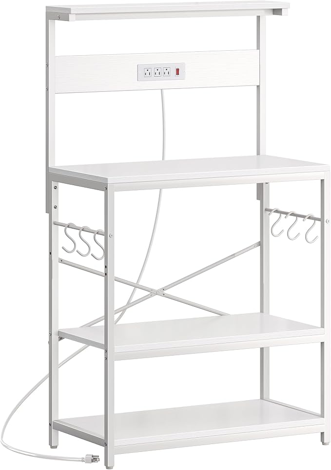SUPERJARE Bakers Rack with Power Outlets, Microwave Stand, 31.5 X 16.5 Inch Larger Desktop, Kitchen Storage Rack with Adjustable Middle Shelf, 6 S-Shaped Hooks, Coffee Bar Stand, White