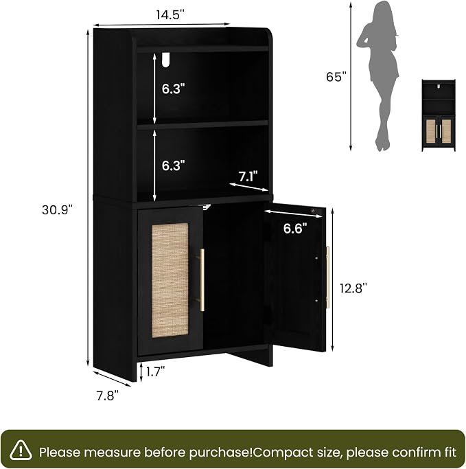 Small Bathroom Storage Cabinet with 2 Doors & Shelf,Rattan Black | Narrow Storage Organizer, Toilet Paper Floor Cabinets Freestanding, for Small Spaces, Laundry Room, 7.8" D x 14.6" W x 31" H