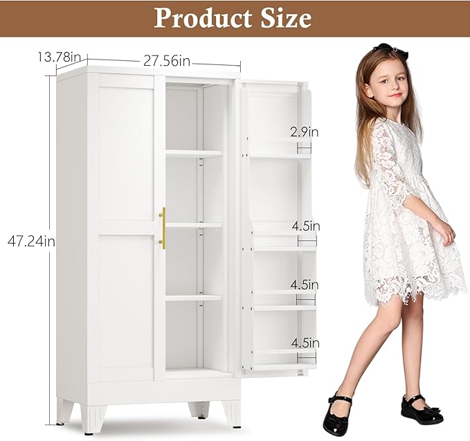 GAIOUS Metal Kitchen Pantry Cabinet, Food Storage Cabinets White Cupboard | Storage Cabinet with 2 Door and 3 Adjustable Shelves, Freestanding Steel Sideboard, with Door Shelf, for Kitchen Dinning Room
