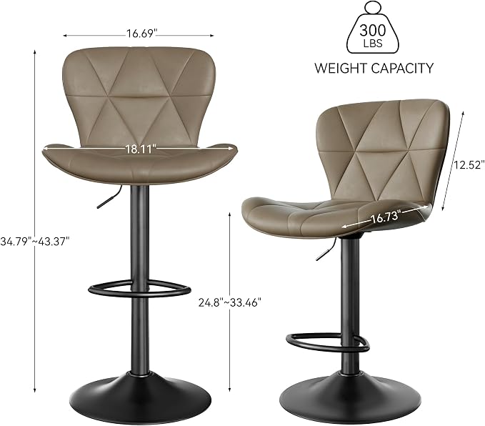 Nalupatio Modern Bar Stools Set of 4, Adjustable Faux Leather Upholstered Swivel Bar Stools, Counter Height Bar Chairs with Back for Kitchen Island, Dark Khaki