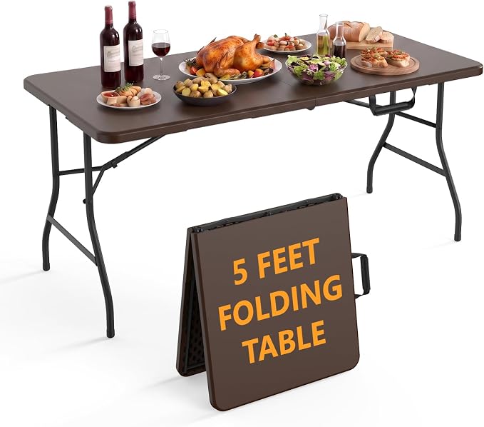 5 Foot Folding Table, Fold-in-Half Utility Table with Carrying Handle, 5FT Heavy Duty Portable Table for Party, Wedding, Picnic, Camping, Indoor & Outdoor, Brown