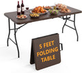 5 Foot Folding Table, Fold-in-Half Utility Table with Carrying Handle, 5FT Heavy Duty Portable Table for Party, Wedding, Picnic, Camping, Indoor & Outdoor, Brown