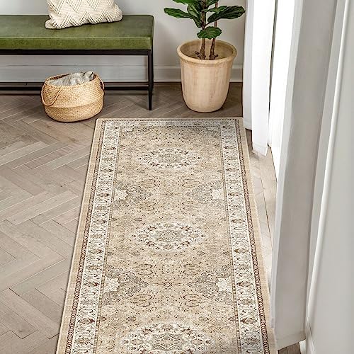 Washable 2x8 Hallway Runner Rug: Vintage Water Resistant Kitchen Entryway Rug Ultra Soft Living Room Bedroom Carpet with Non Slip Backing Indoor Low Pile Floor Mat for Bathroom Dining Room(2x8,Beige)