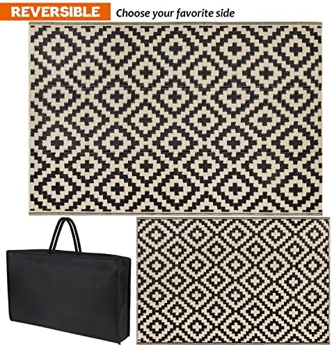 SAND MINE Reversible Mats, Plastic Straw Rug, Modern Area Rug, Large Floor Mat and Rug for Outdoors, RV, Patio, Deck, Beach, Camping (Black & Beige Lattice, 4' x 6', -3% to 5% Size Variance)