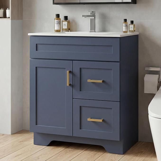 30 Inch Bathroom Vanity with Sink, Modern Shaker Bathroom Sink Cabinet with Soft-Close Door & 2 Drawers, Wood Freestanding Bathroom Storage Cabinet with Ceramic Basin, Navy Blue