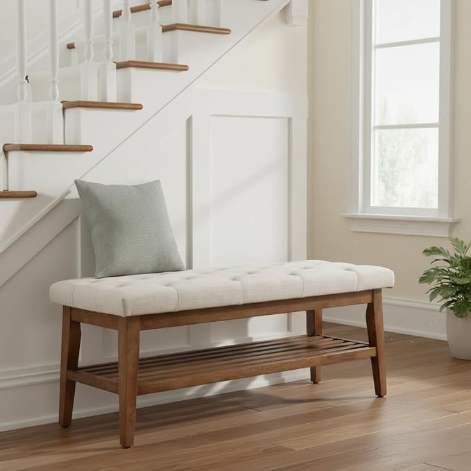 HUIMO Upholstered Entryway Shoe Bench, Button Tufted End of Bed Bench,Beige