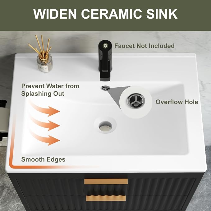 30 Inch Floating Bathroom Vanity with Sink & Towel Holder, Fluted Wall Mounted Vanity Cabinet, Modern Bathroom Combo with LED Light, Metal Handle & Double Soft-Closing Drawers, Black