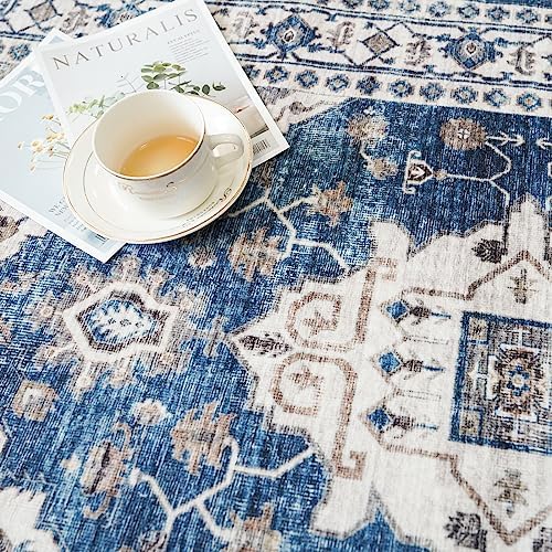 2x3 Washable Vintage Area Rug: Indoor Soft Entryway Rug with Non Slip Backing Water Resistant Carpet for Kitchen Bathroom Laundry Low Pile Door Mat Perfect for Homes with Cats & Dogs(2x3,Blue)