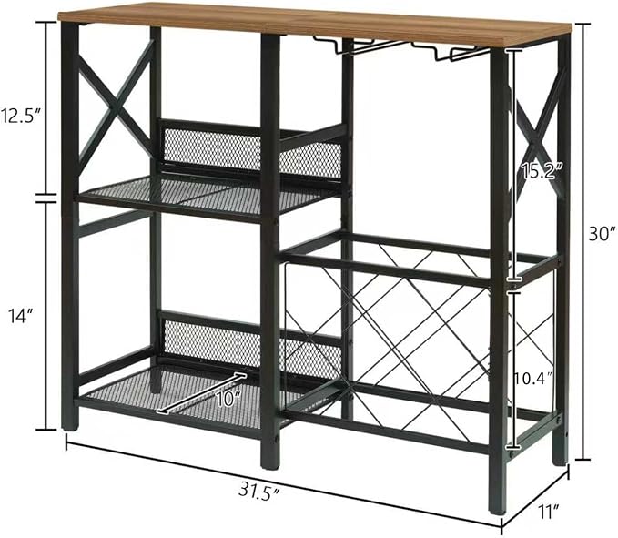 MNEETRUNG Wine Bar Cart, Rustic Freestanding Wine Rack with Glass Holder and Fence, Bar Cabinet with 2 Tier Storage, Liquor Shelf for Home Bar, Rustic Brown