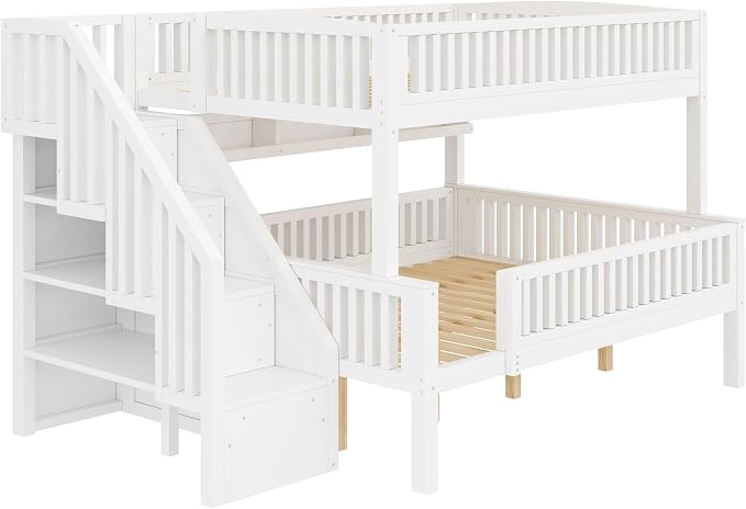 LUMISOL Full XL Over Queen Bunk Bed with Stairs, Solid Wood Bunk Bed Frame with LED Light and Bookshelf, White