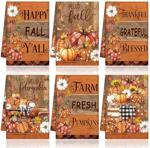 Redbaker 6 Pcs Fall Kitchen Towels, Dark Pumpkin Funny Dish Towel, Autumn Absorbent Farmhouse Decorative Fast Drying Tea Dishcloth with Hanging Loop for Kitchen Bathroom Home Housewarming Gift
